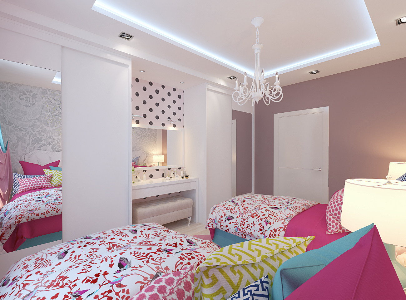 дизайн спальни для двух девочке в розовом цвете