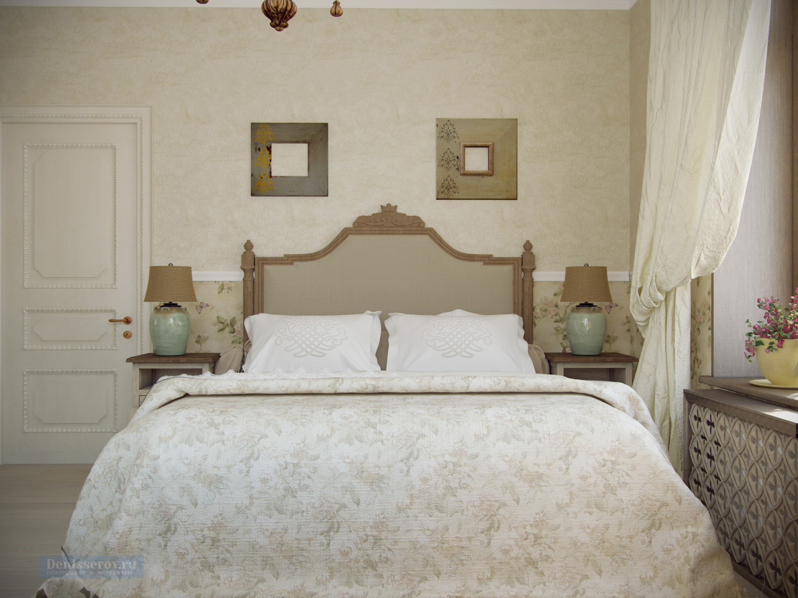 спальня в бежевом цвете в колониальном стиле