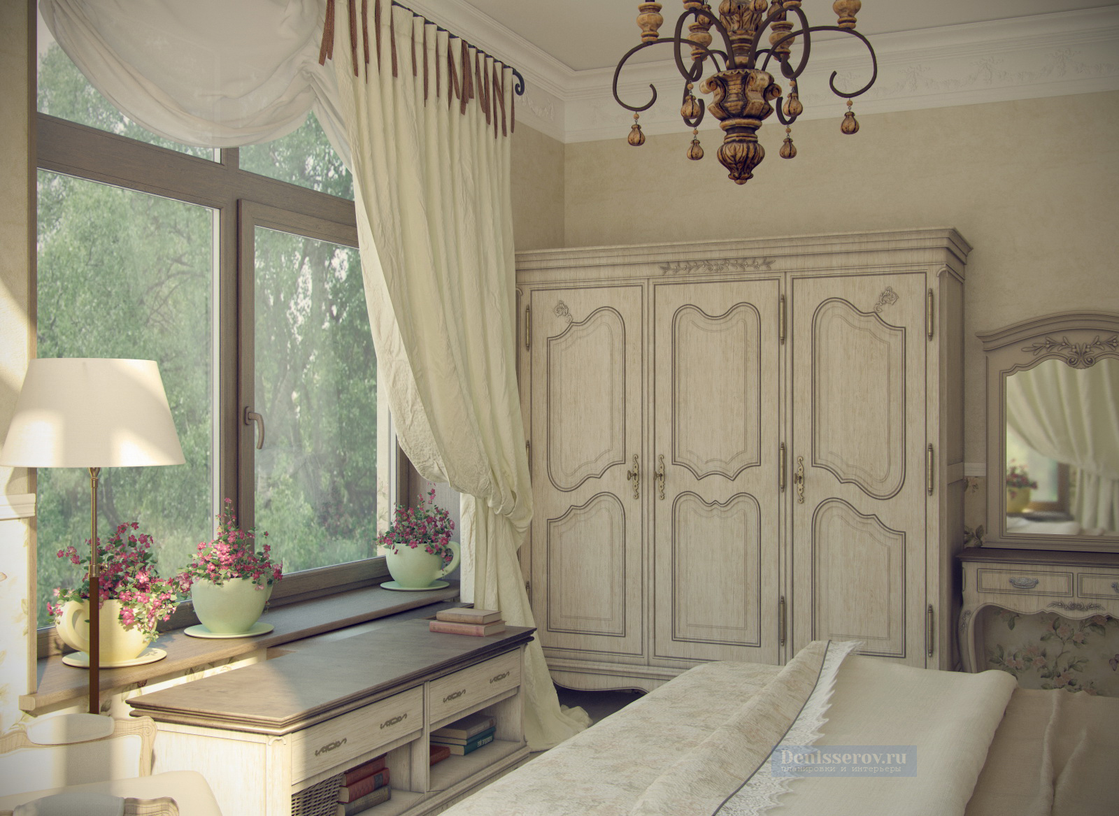 спальня в бежевом цвете в колониальном стиле