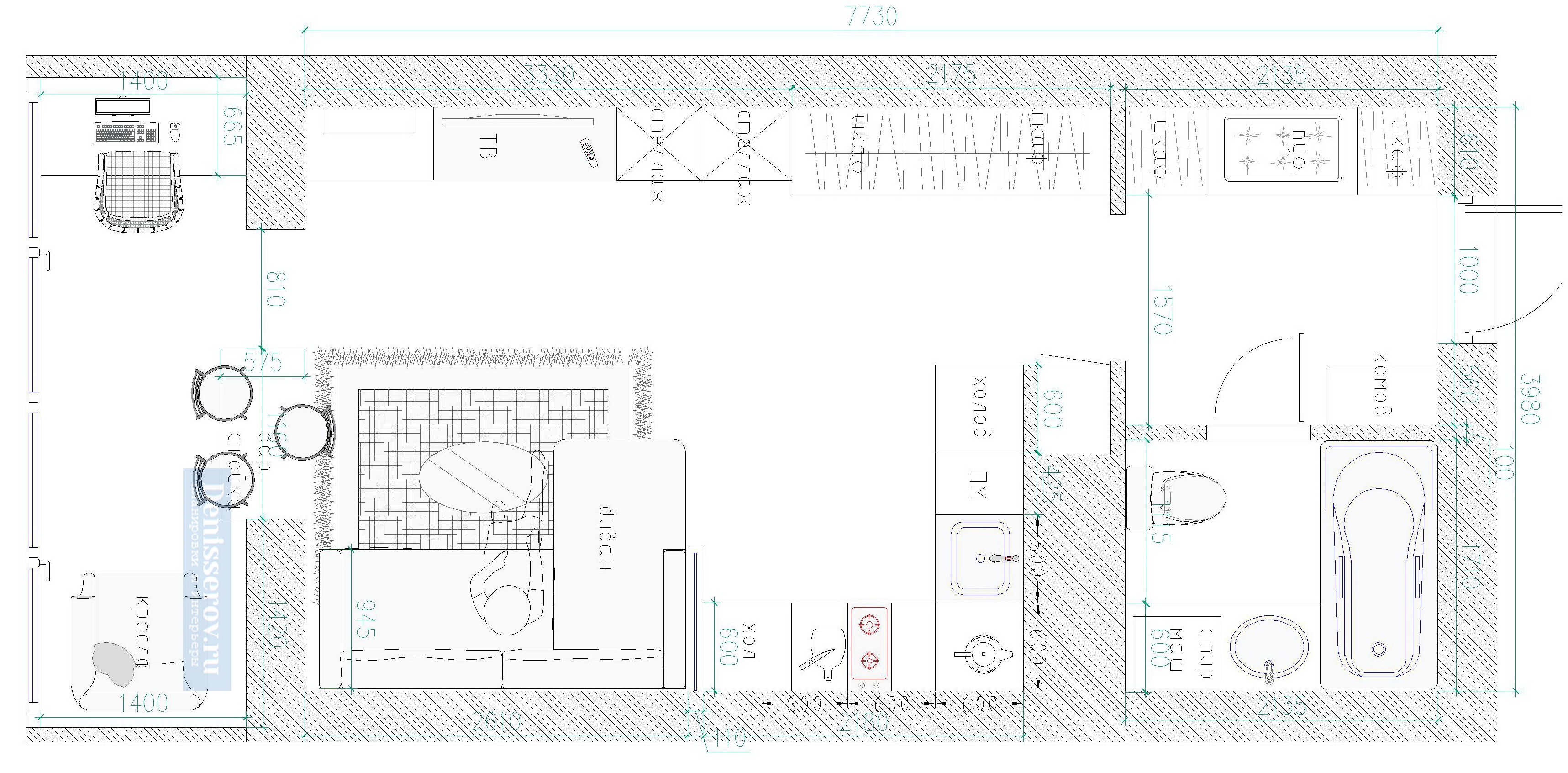 планировка квартиры студии 30 кв.м. с размерами