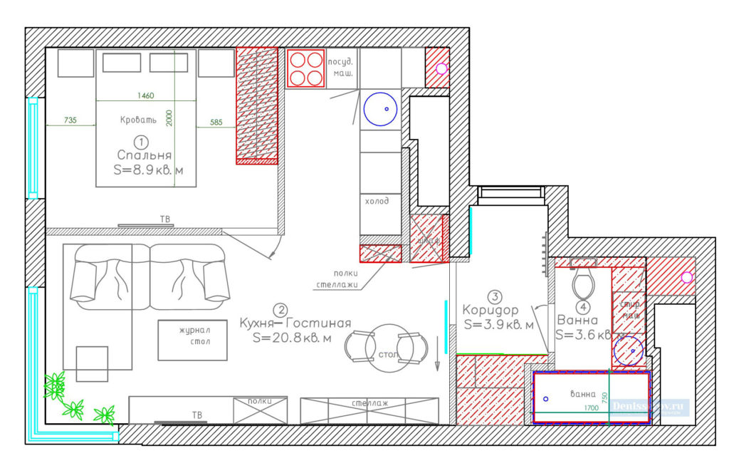 Планировка 1 комнатной квартиры площадью 35 кв.м.