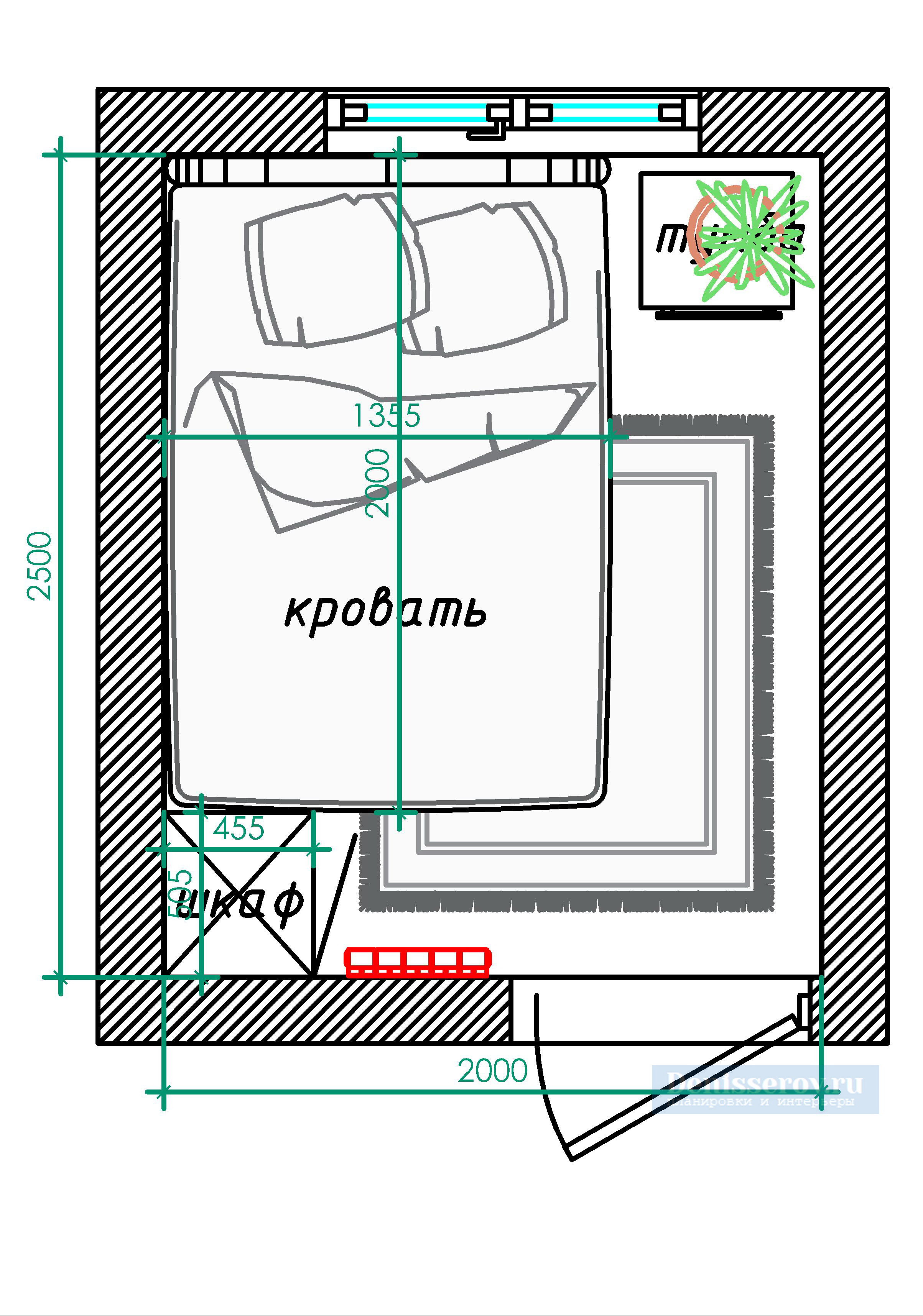 планировка спальни 5 кв м с размерами