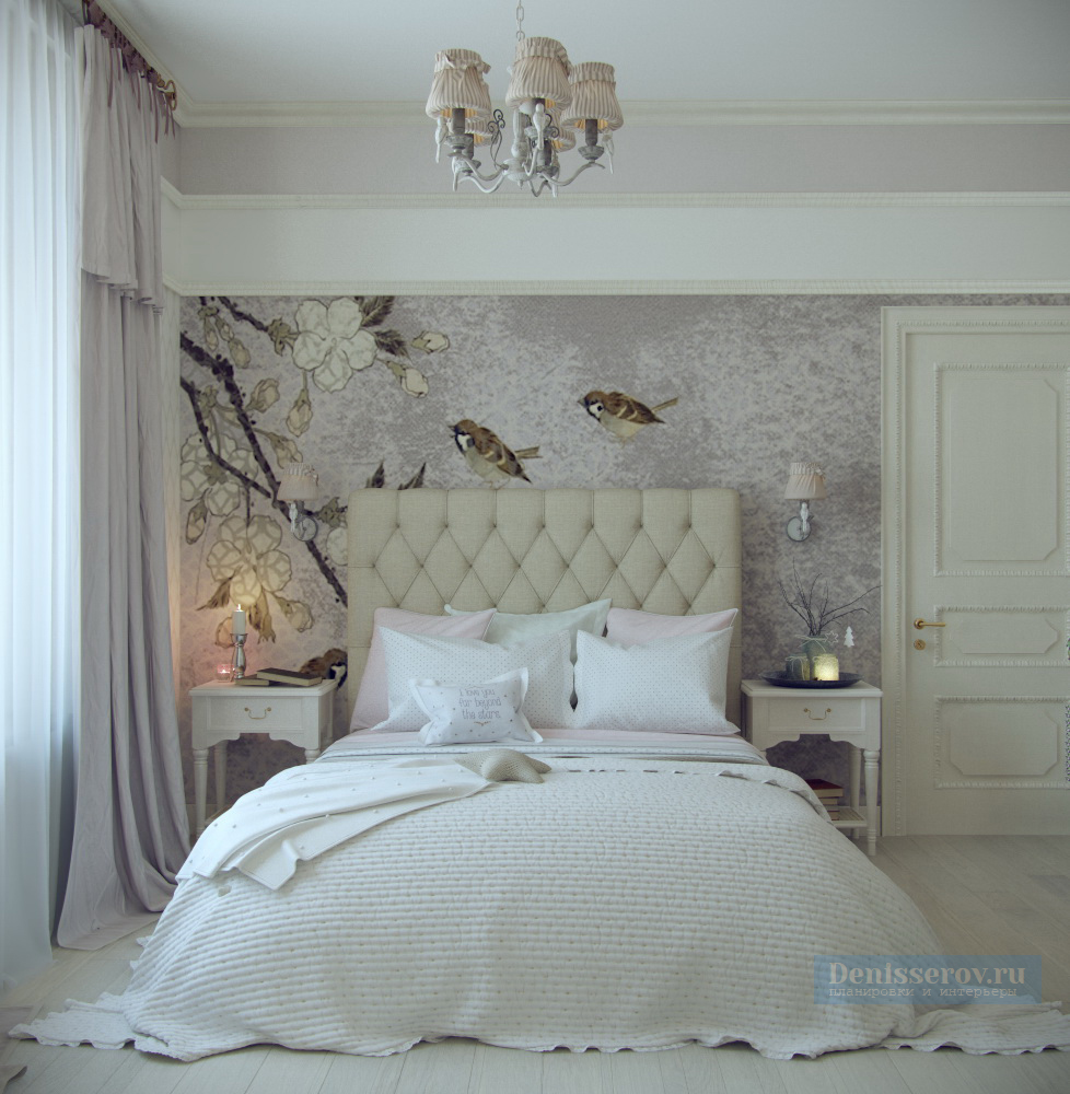 Дизайн проект спальни 16 кв.м. для девушки в стиле прованс в бежевых цветах