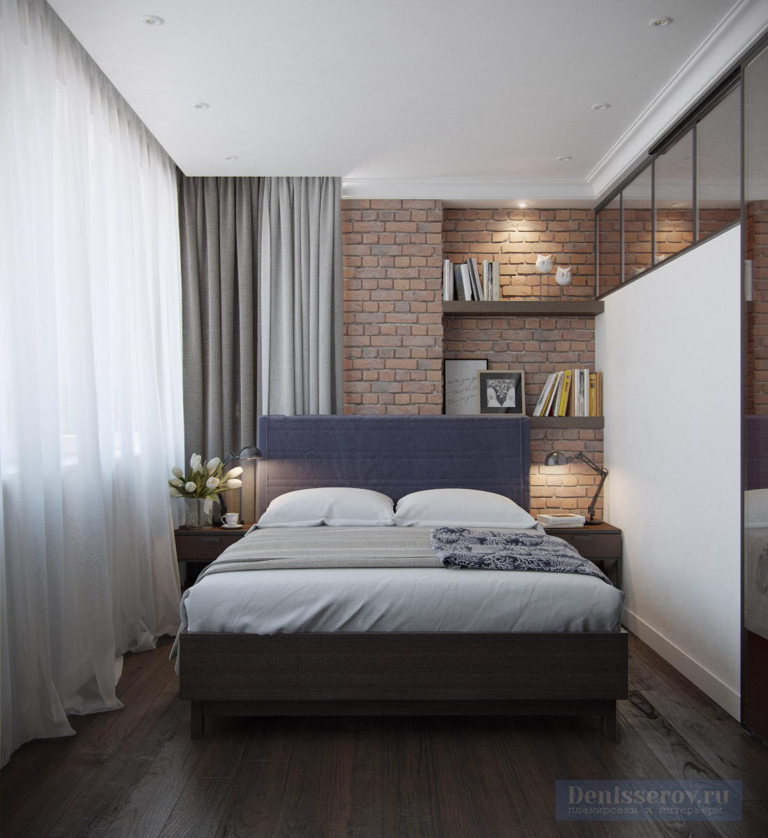 Дизайн проект совмещенной спальни-гостиной 20 кв.м. в синем цвете