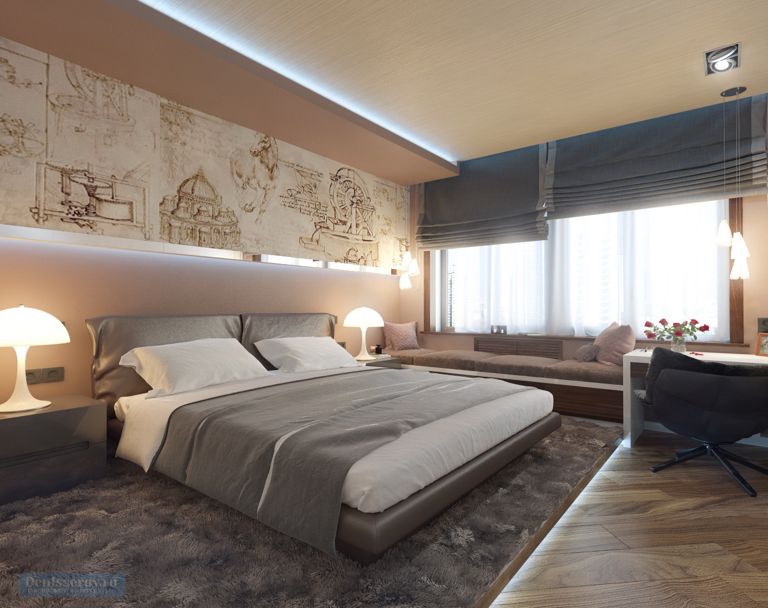 Дизайн проект интерьера мужской спальни 16 кв.м. с гардеробной комнатой