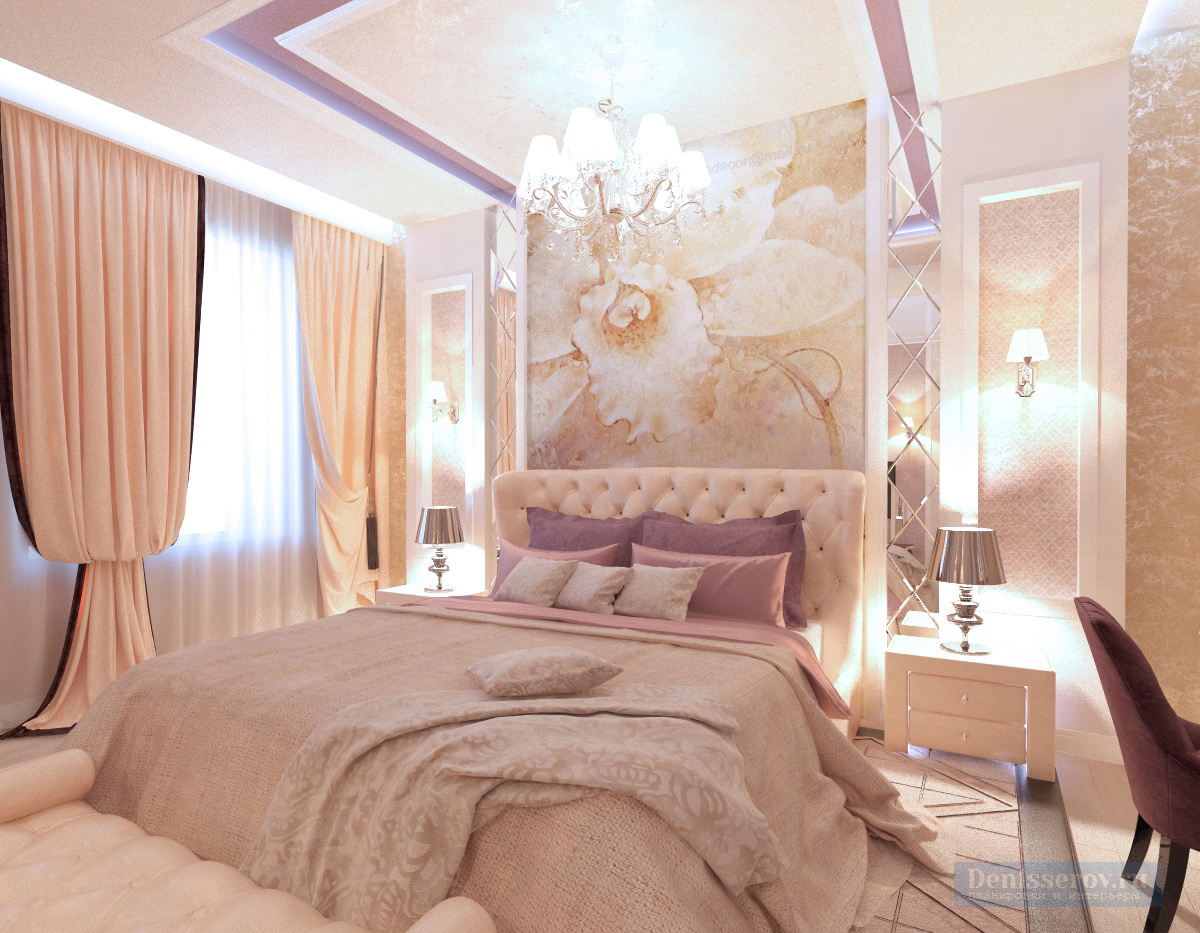 Дизайн проект спальни 30 кв.м. с гардеробом в персиковом цвете