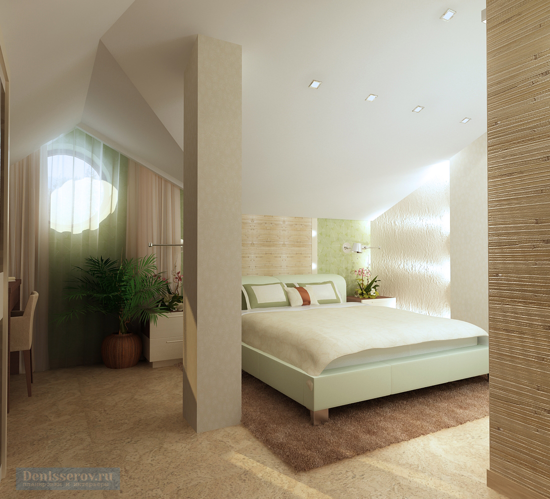 Дизайн проект интерьера спальни 17 кв.м. на мансарде в зеленых тонах