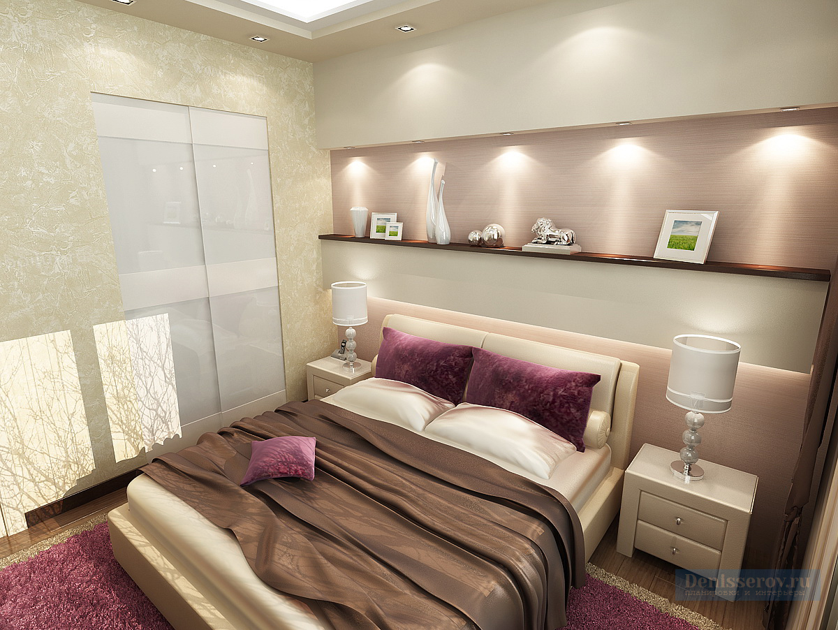 Дизайн проект интерьера спальни 12 кв.м. в фиолетовом цвете