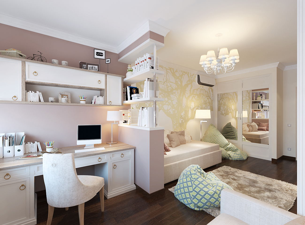 Дизайн-проект интерьера детской комнаты 21 кв. м в современном стиле длядевочки подростка