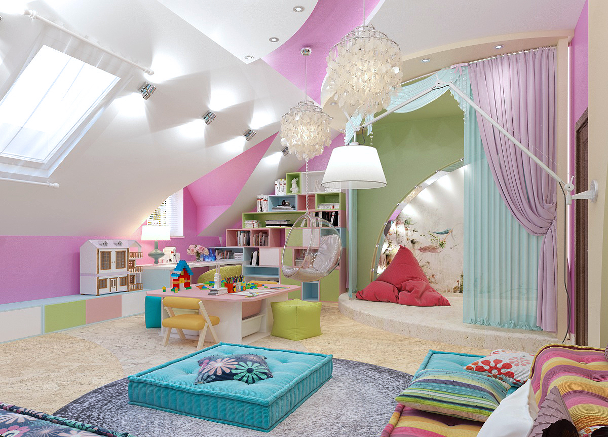 Дизайн-проект детской игровой комнаты 35 кв. м на мансарде для двух девочек